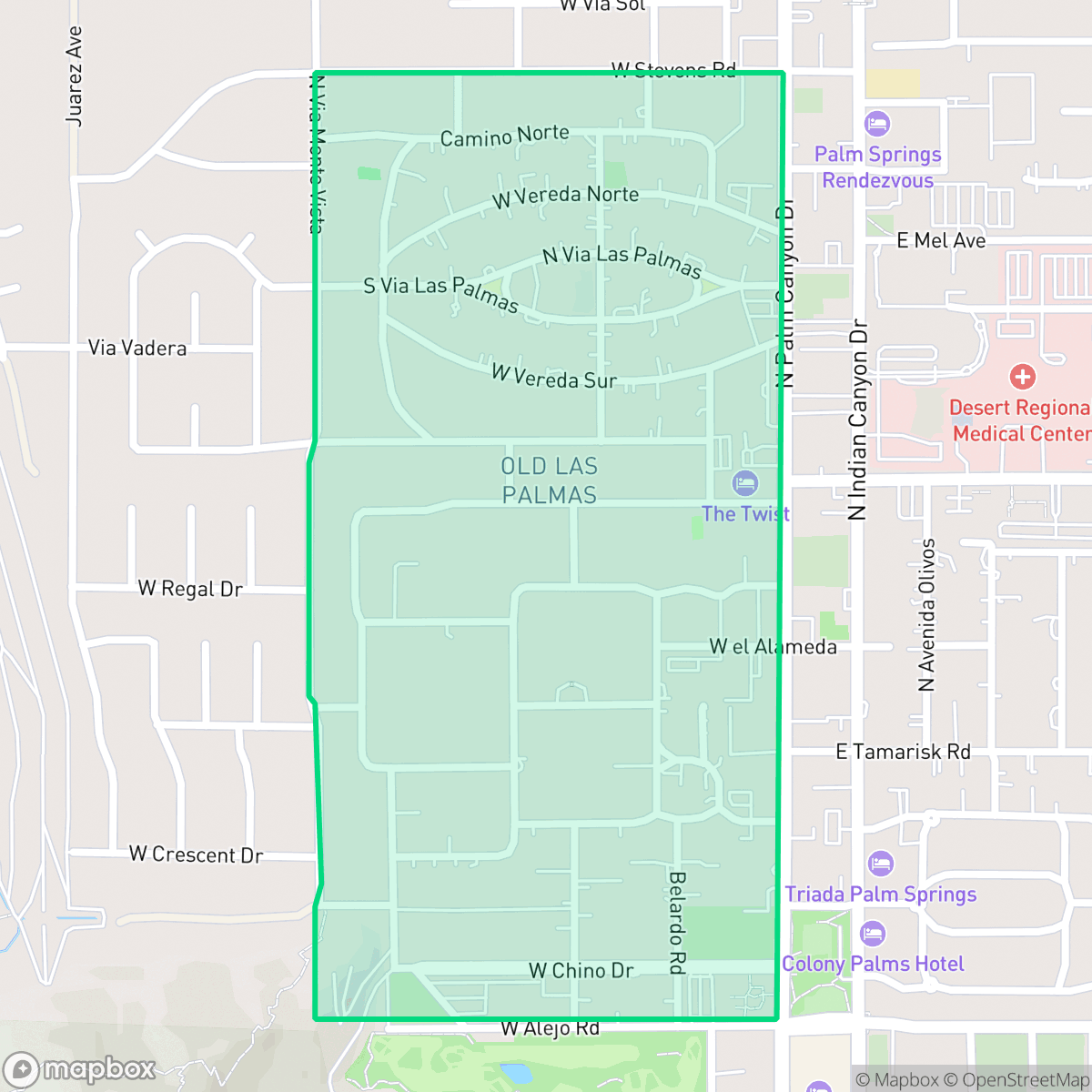 Map showing the location of Old Las Palmas, Palm Springs, CA