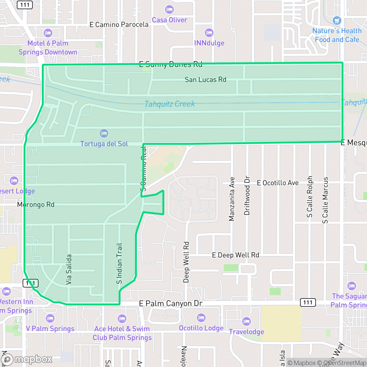 Map showing the location of Tahquitz River Estates, Palm Springs, CA