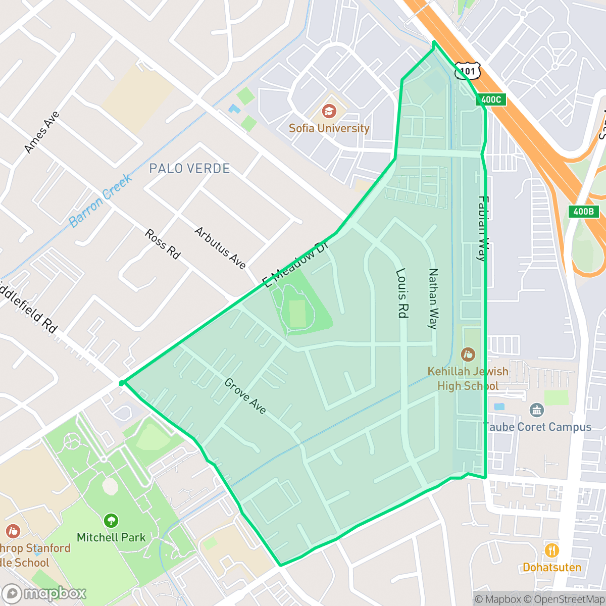 Map showing the location of Adobe Meadow - Meadow Park, Palo Alto, CA