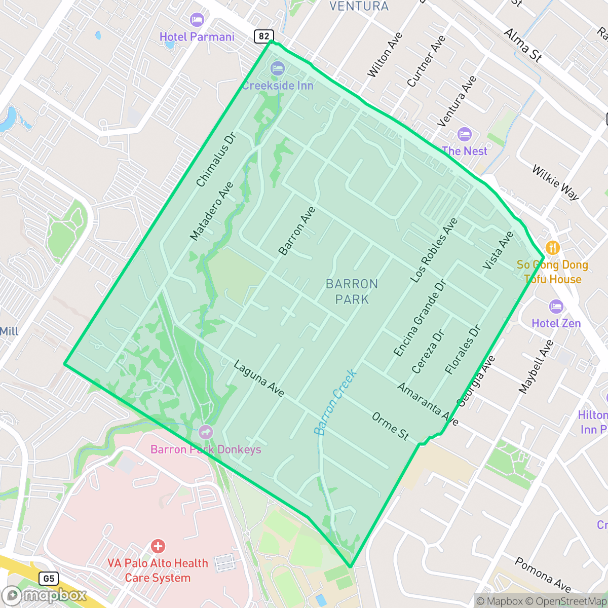 Map showing the location of Barron Park, Palo Alto, CA