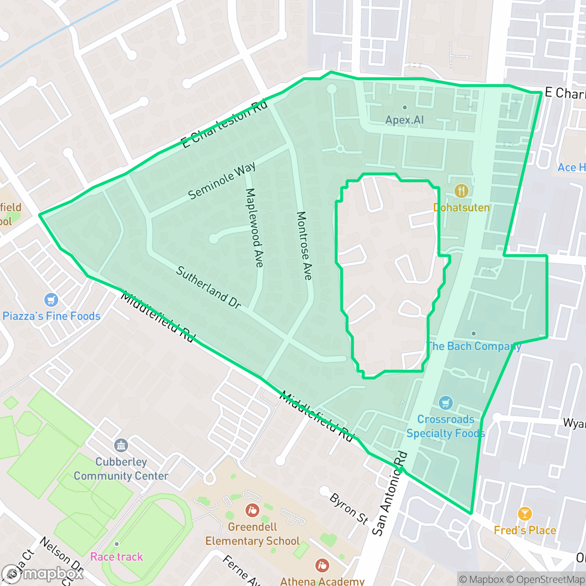 Map showing the location of Charleston Gardens, Palo Alto, CA