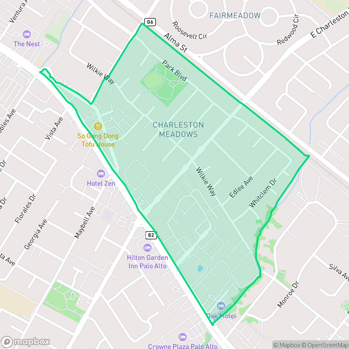 Map showing the location of Charleston Meadow, Palo Alto, CA