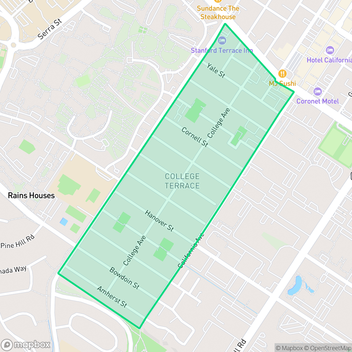 Map showing the location of College Terrace, Palo Alto, CA