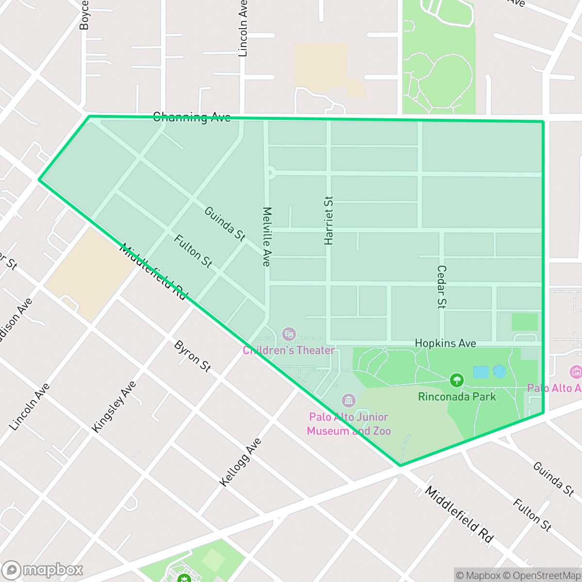 Map showing the location of Community Center, Palo Alto, CA