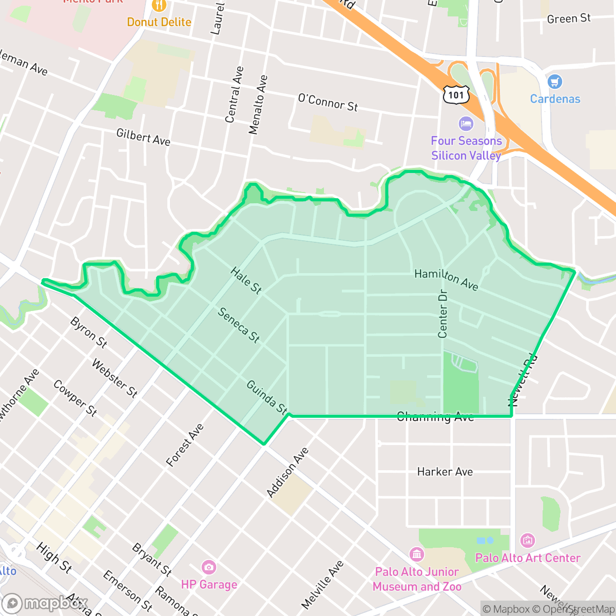 Map showing the location of Crescent Park, Palo Alto, CA