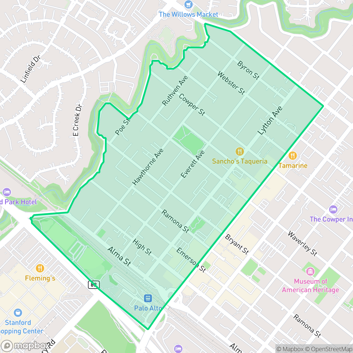 Map showing the location of Downtown North, Palo Alto, CA