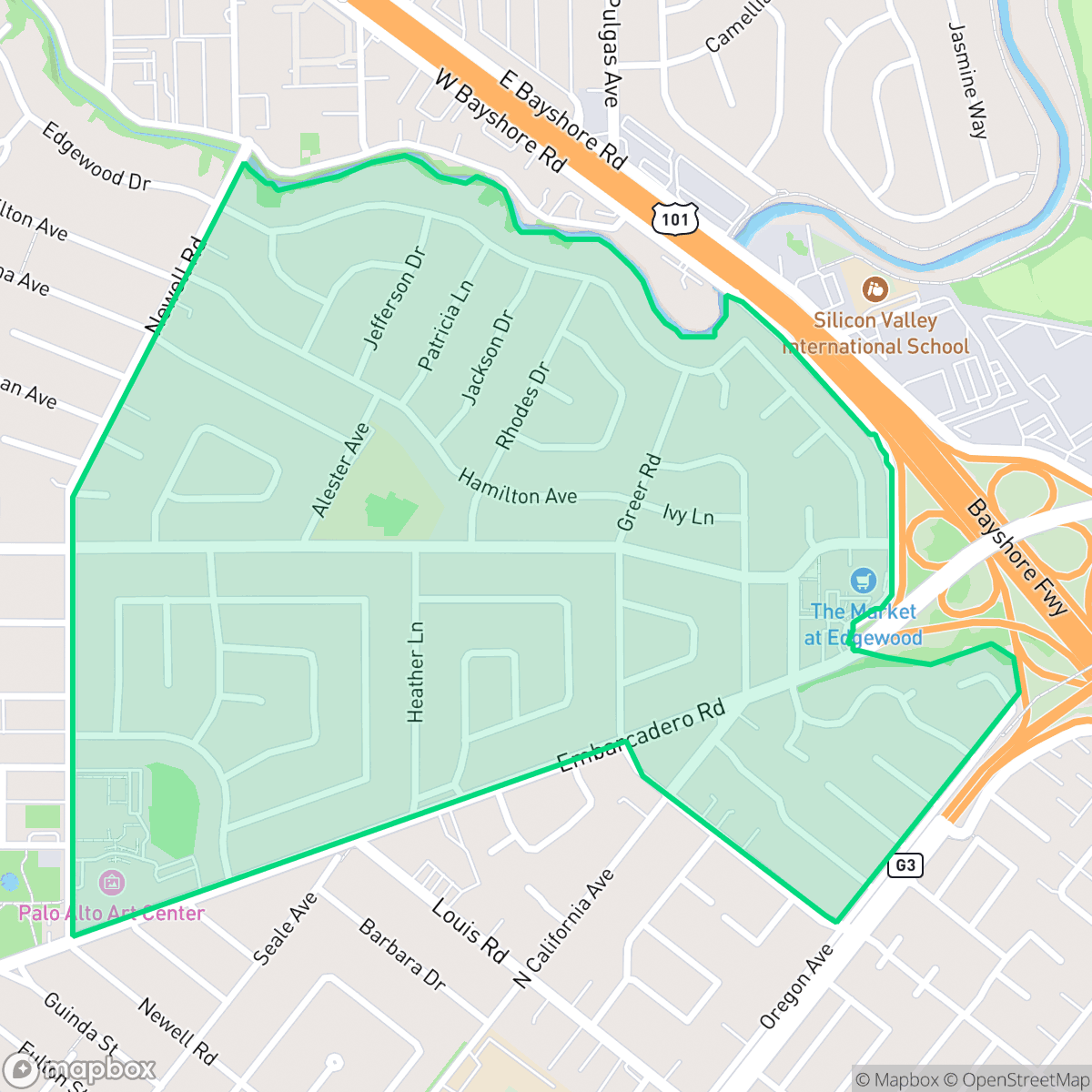 Map showing the location of Duveneck - St. Francis, Palo Alto, CA