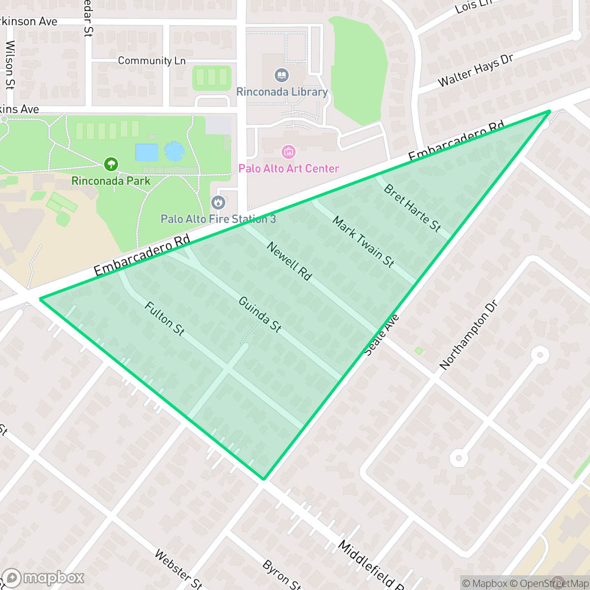 Map showing the location of Embarcadero Oaks, Palo Alto, CA