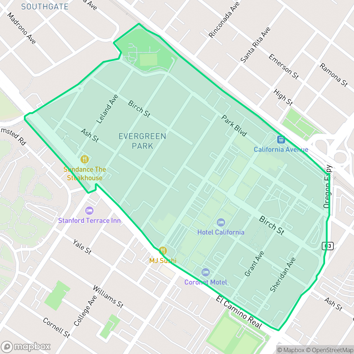 Map showing the location of Evergreen Park, Palo Alto, CA