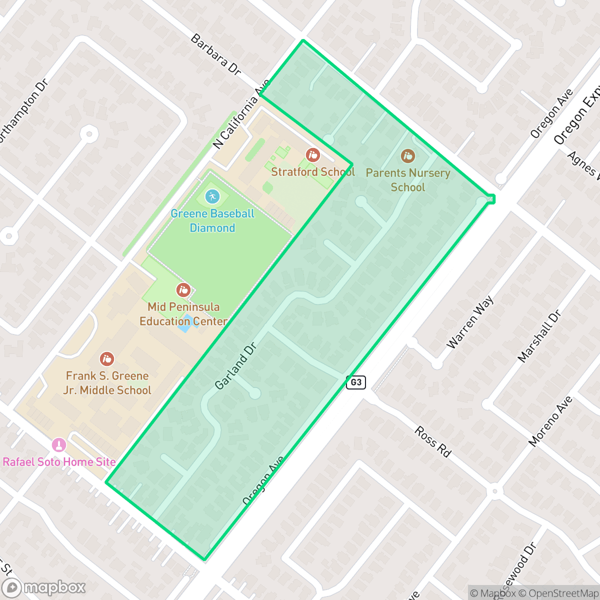 Map showing the location of Garland, Palo Alto, CA