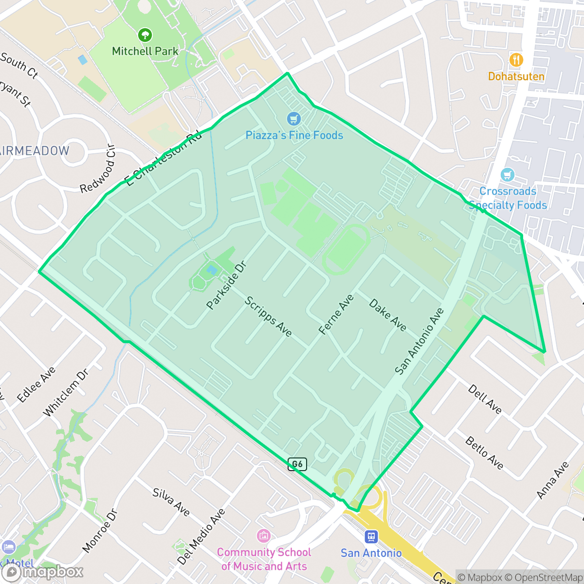 Map showing the location of Greenmeadow, Palo Alto, CA