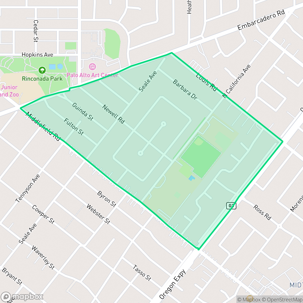Map showing the location of Jordan Jr. Hgh School, Palo Alto, CA