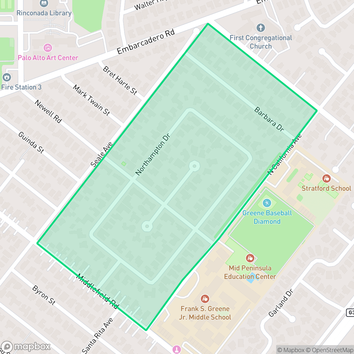 Map showing the location of Leland Manor, Palo Alto, CA