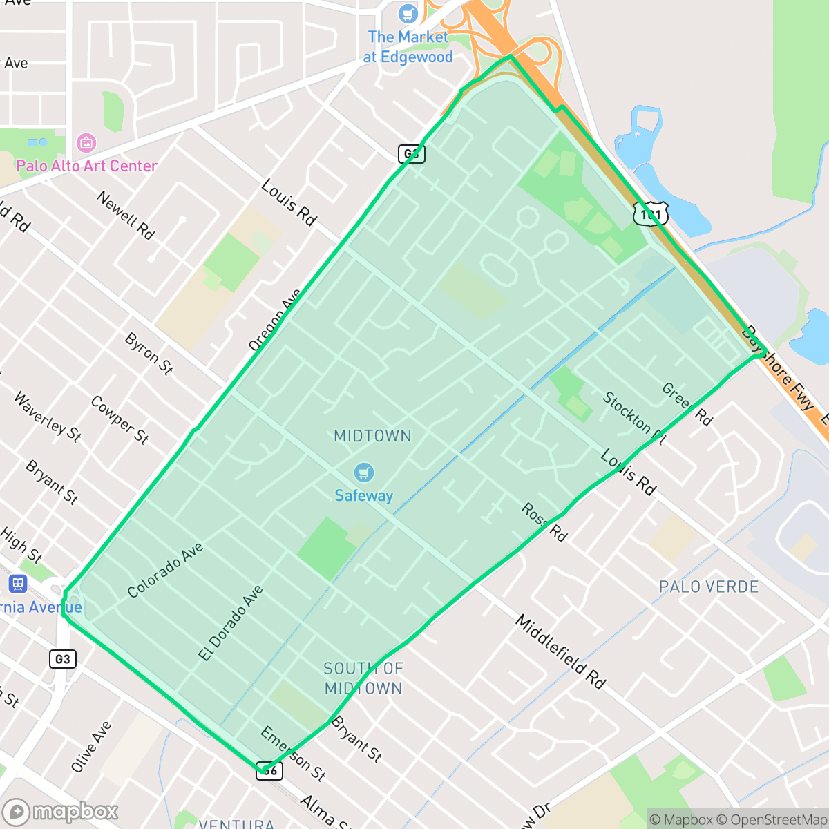 Map showing the location of Midtown, Palo Alto, CA