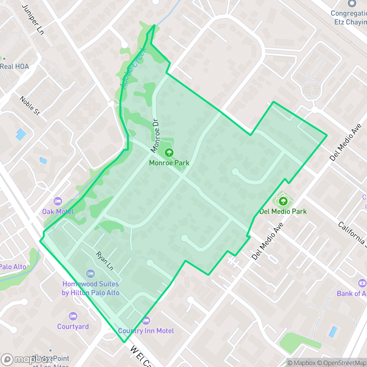 Map showing the location of Monroe Park, Palo Alto, CA