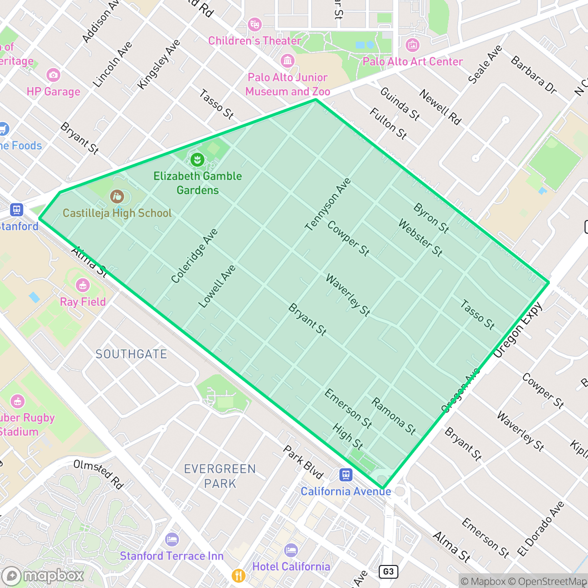Map showing the location of Old Palo Alto, Palo Alto, CA