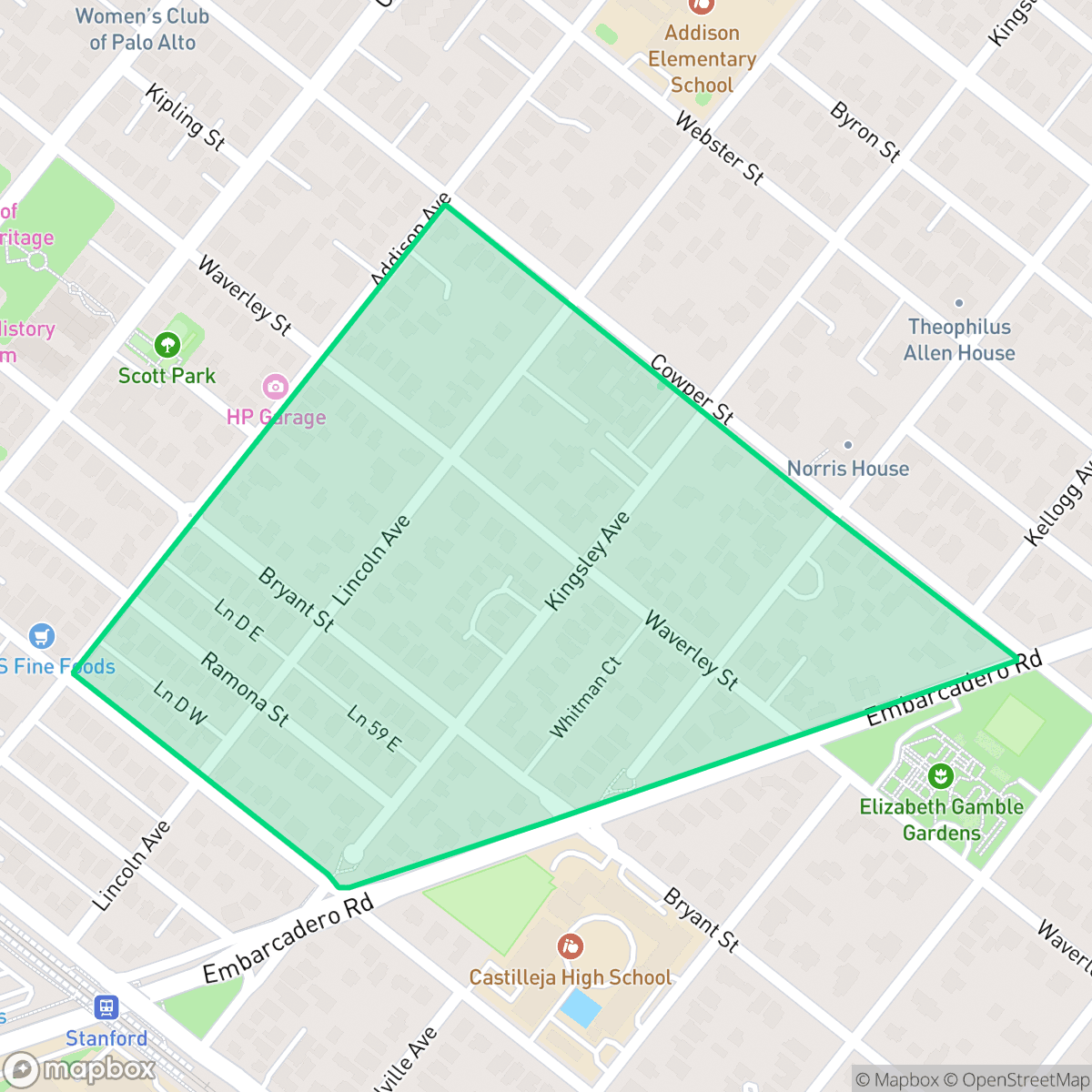 Map showing the location of Professorville, Palo Alto, CA