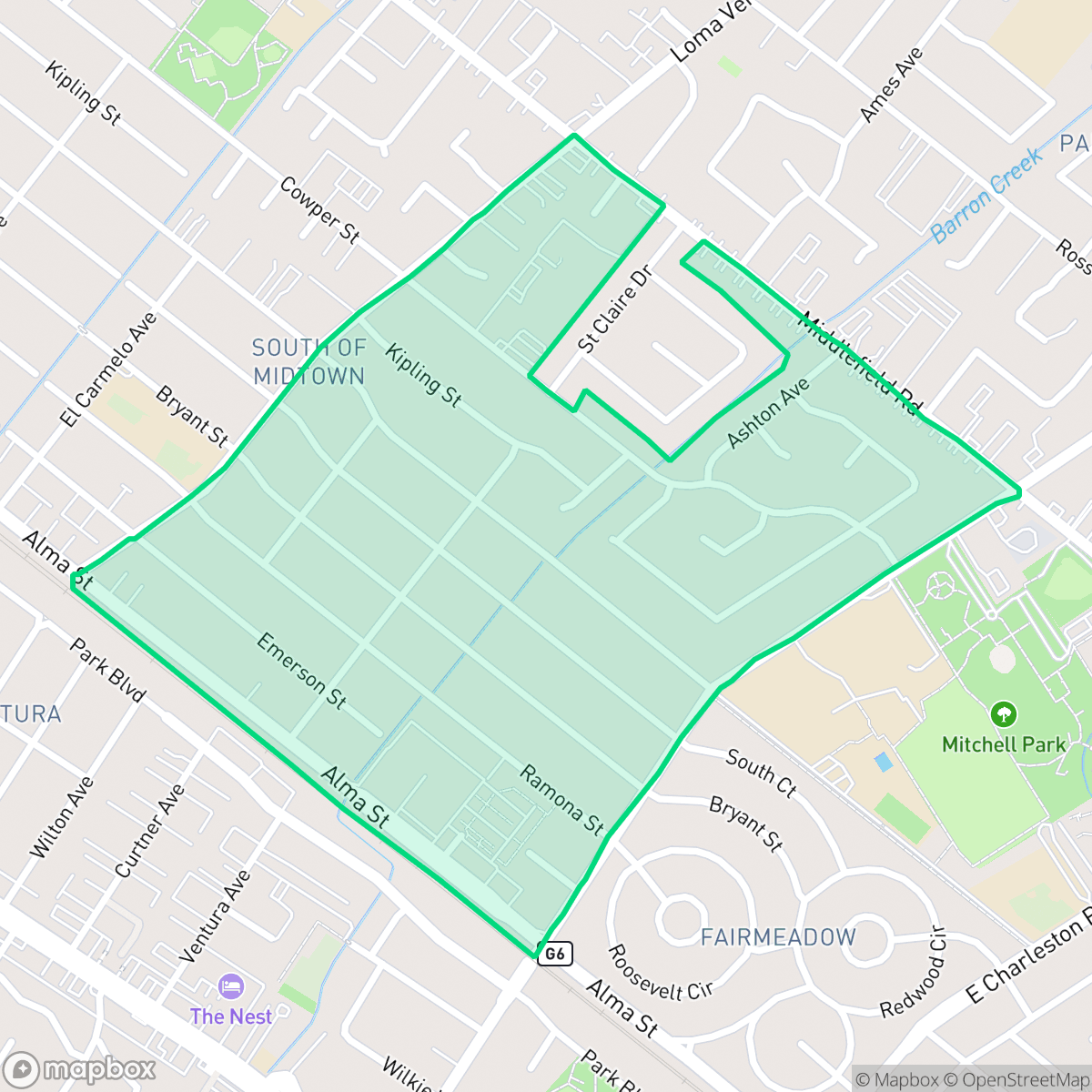 Map showing the location of South of Midtown, Palo Alto, CA