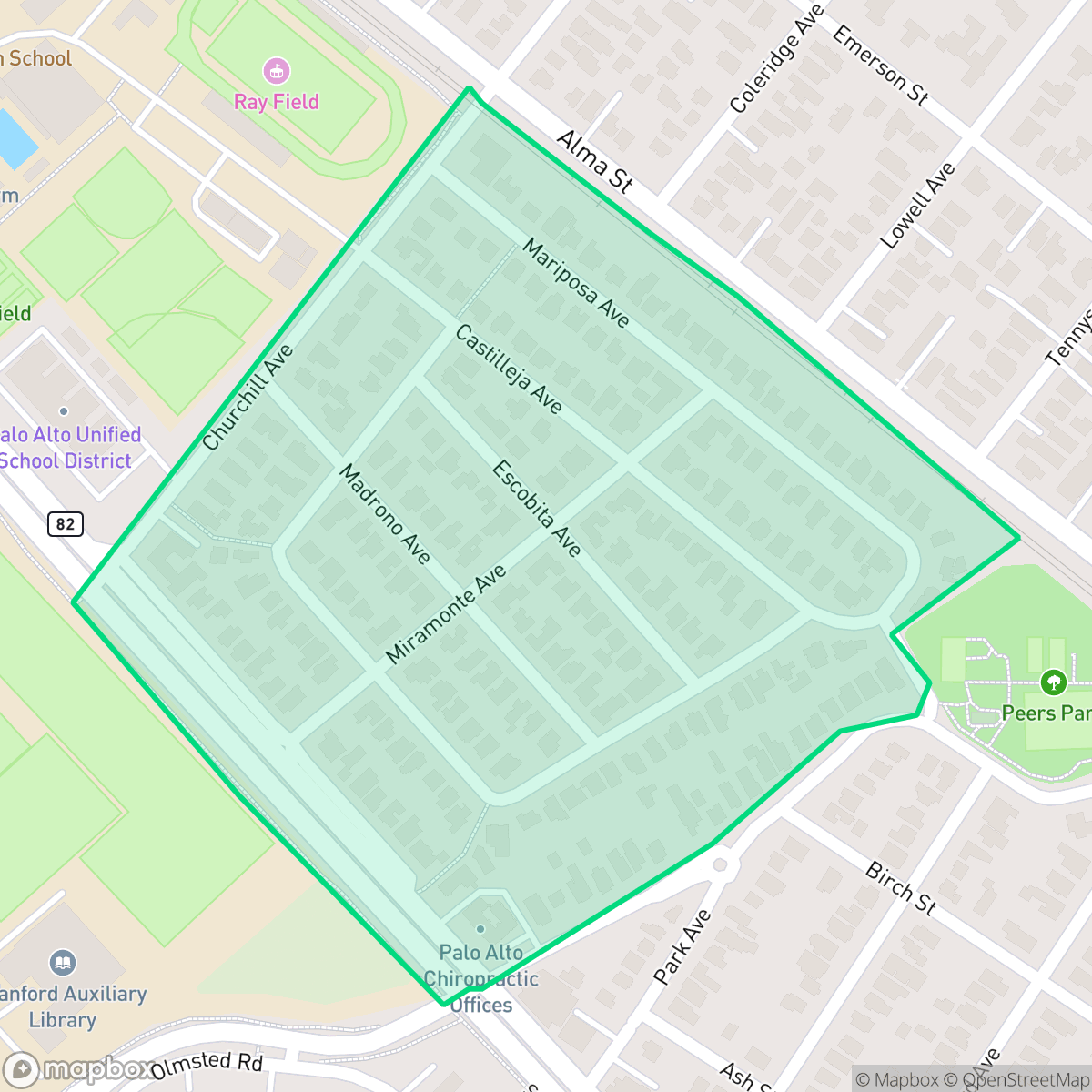 Map showing the location of Southgate, Palo Alto, CA