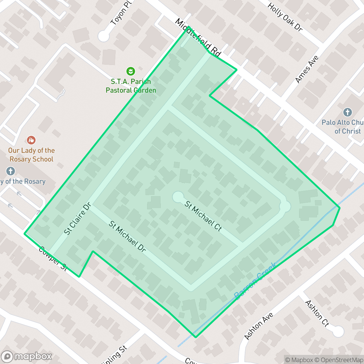 Map showing the location of St. Claire Gardens, Palo Alto, CA