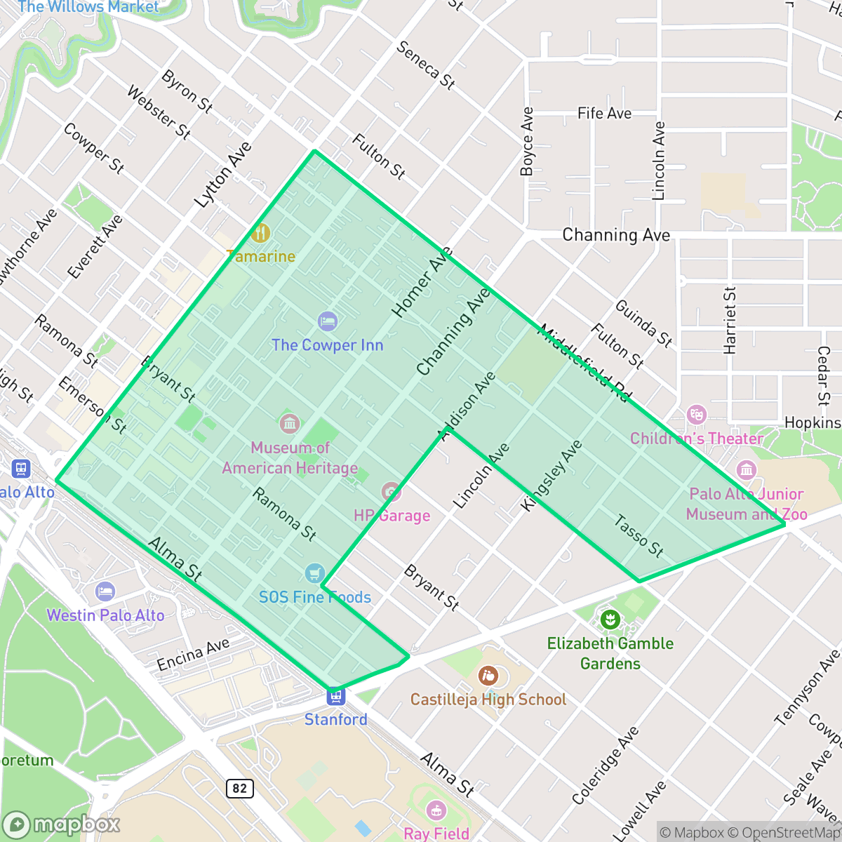 Map showing the location of University South, Palo Alto, CA