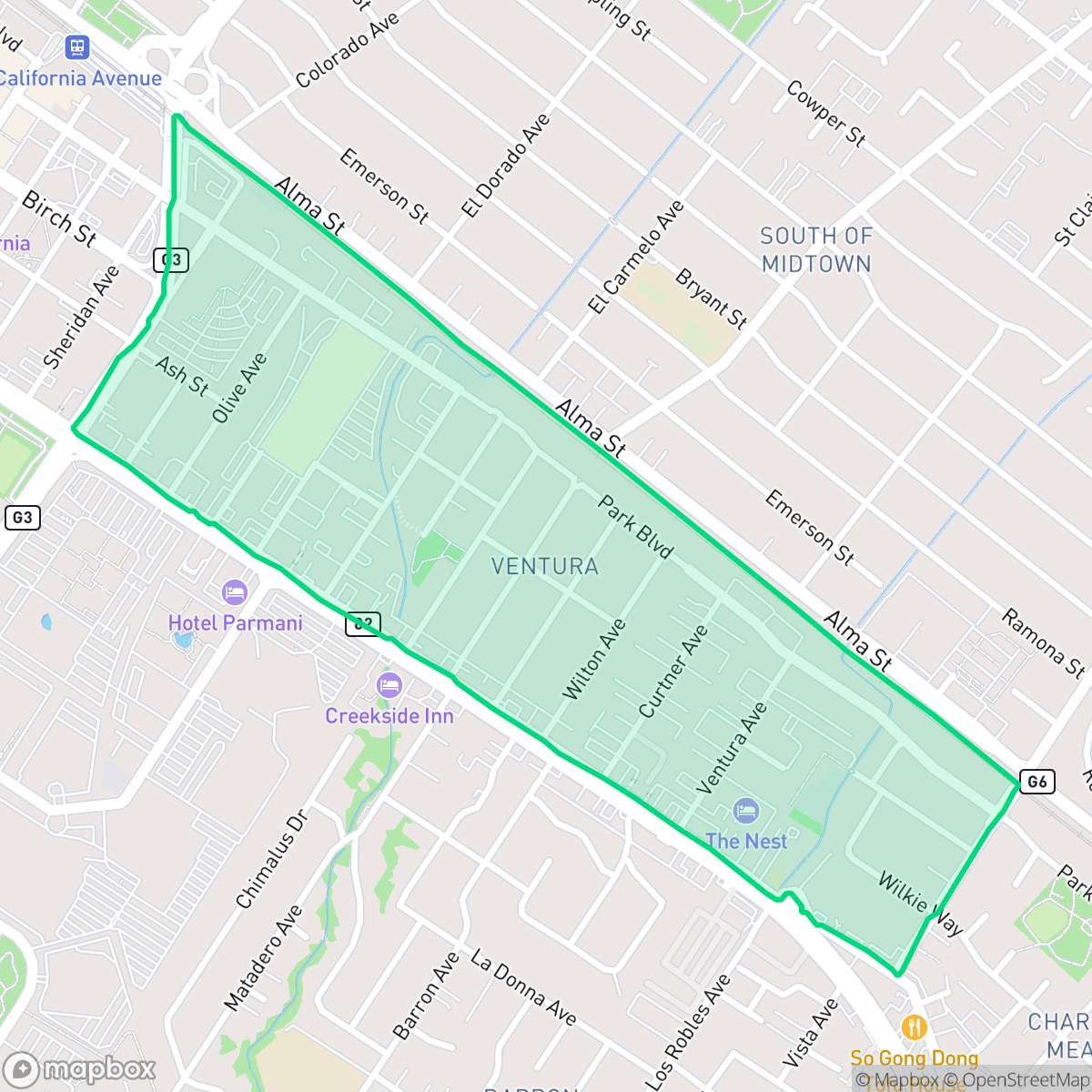 Map showing the location of Ventura, Palo Alto, CA