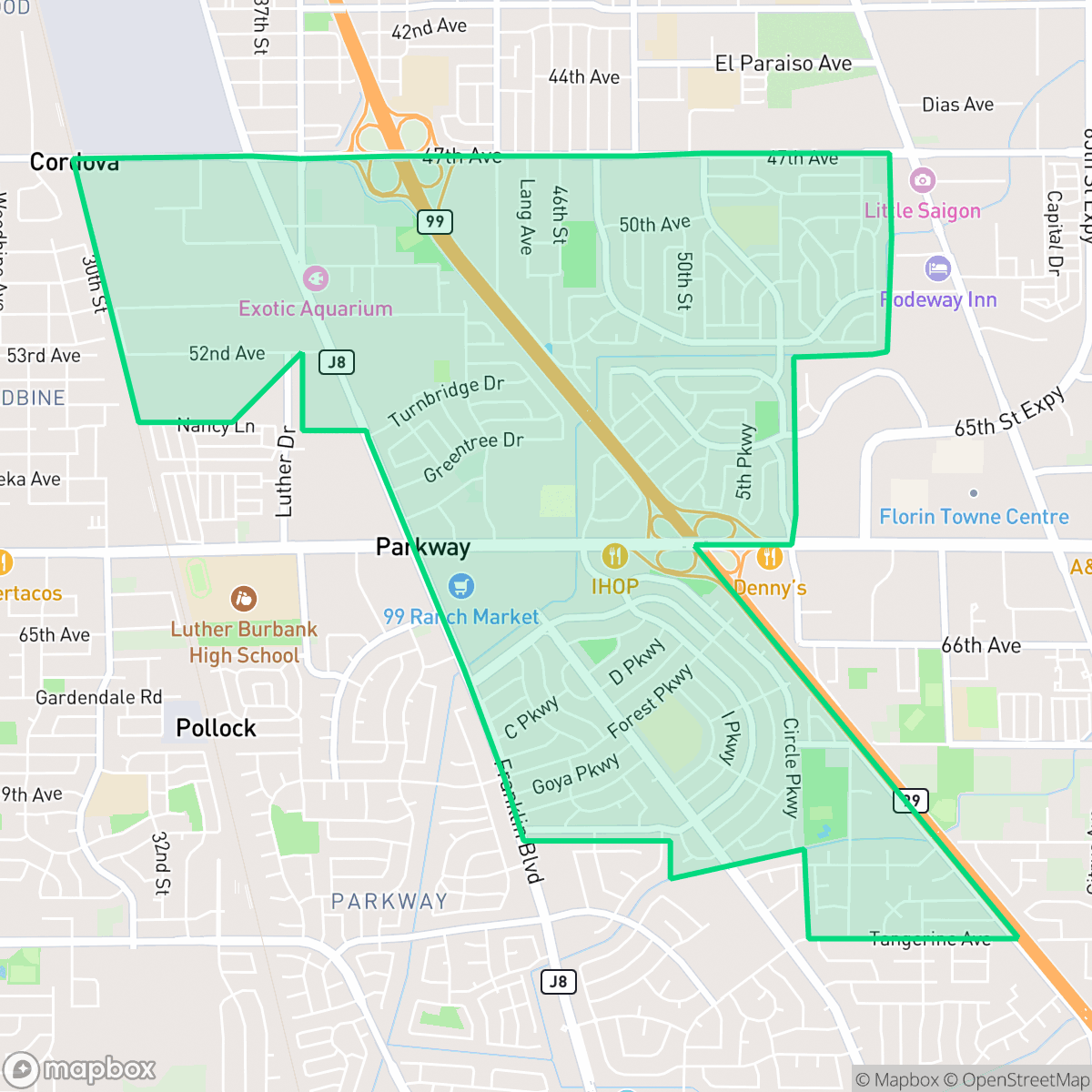 Map showing the location of Parkway, CA — coverage area