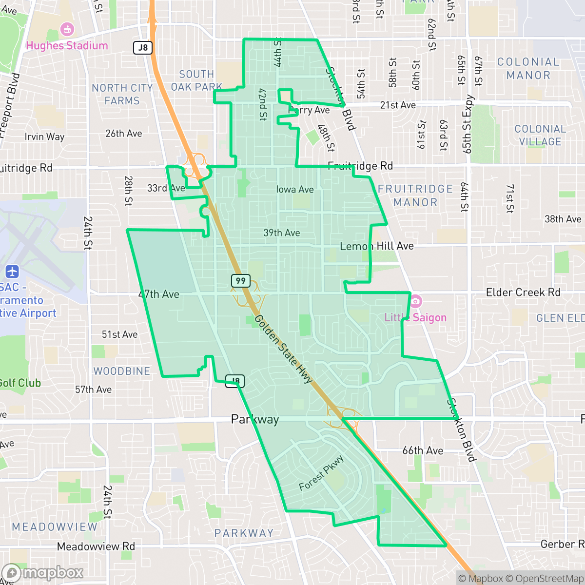 Map showing the location of Parkway-South Sacramento, Parkway, CA