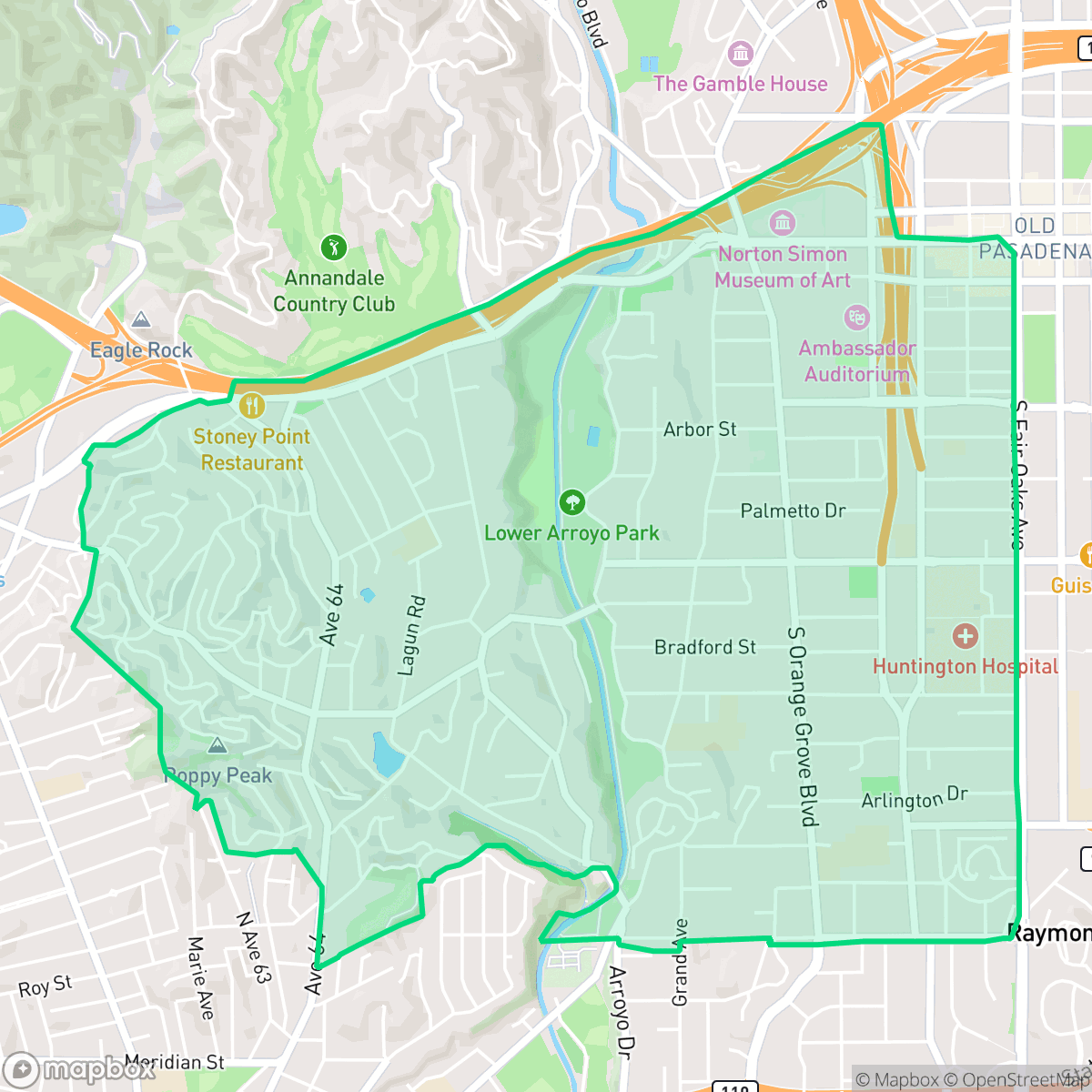 Map showing the location of South Arroyo, Pasadena, CA