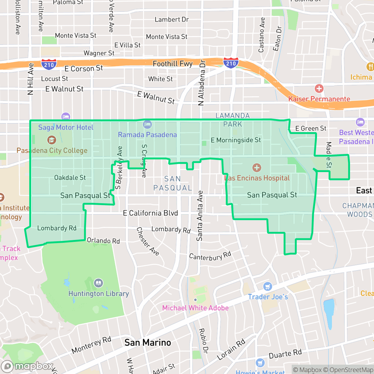 Map showing the location of South East, Pasadena, CA