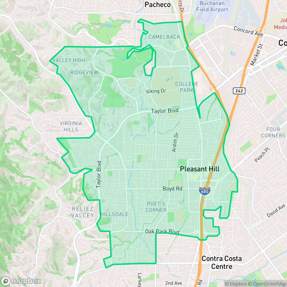 Map showing the location of Pleasant Hill, CA — coverage area