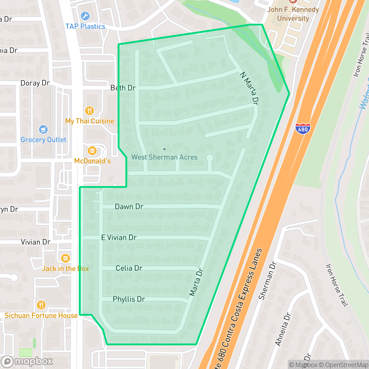 Map showing the location of West Sherman Acres, Pleasant Hill, CA