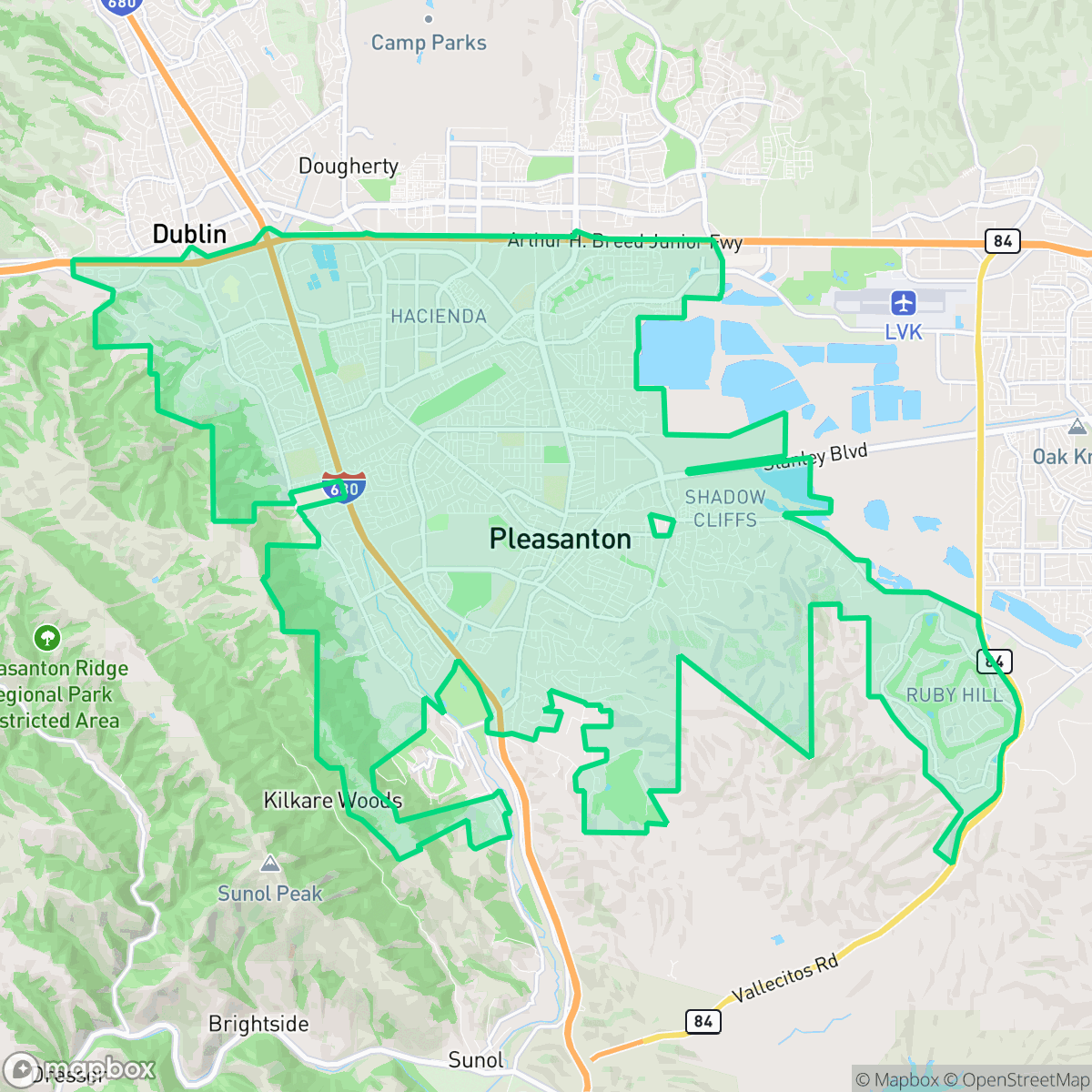 Map showing the location of Pleasanton, CA — coverage area