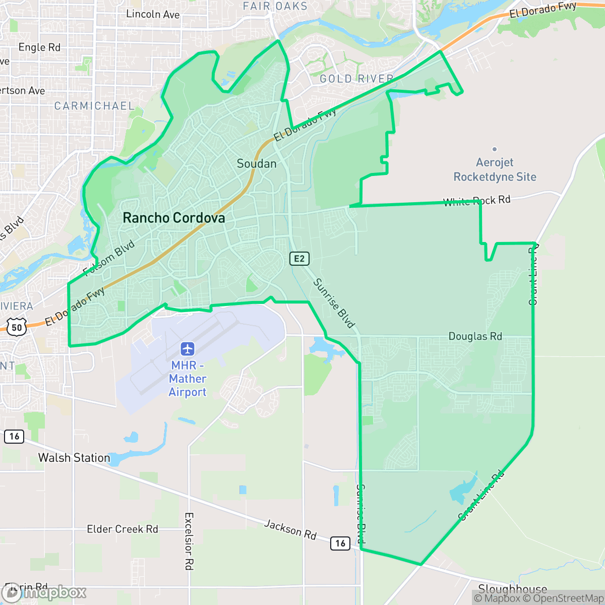 Map showing the location of Rancho Cordova, CA — coverage area