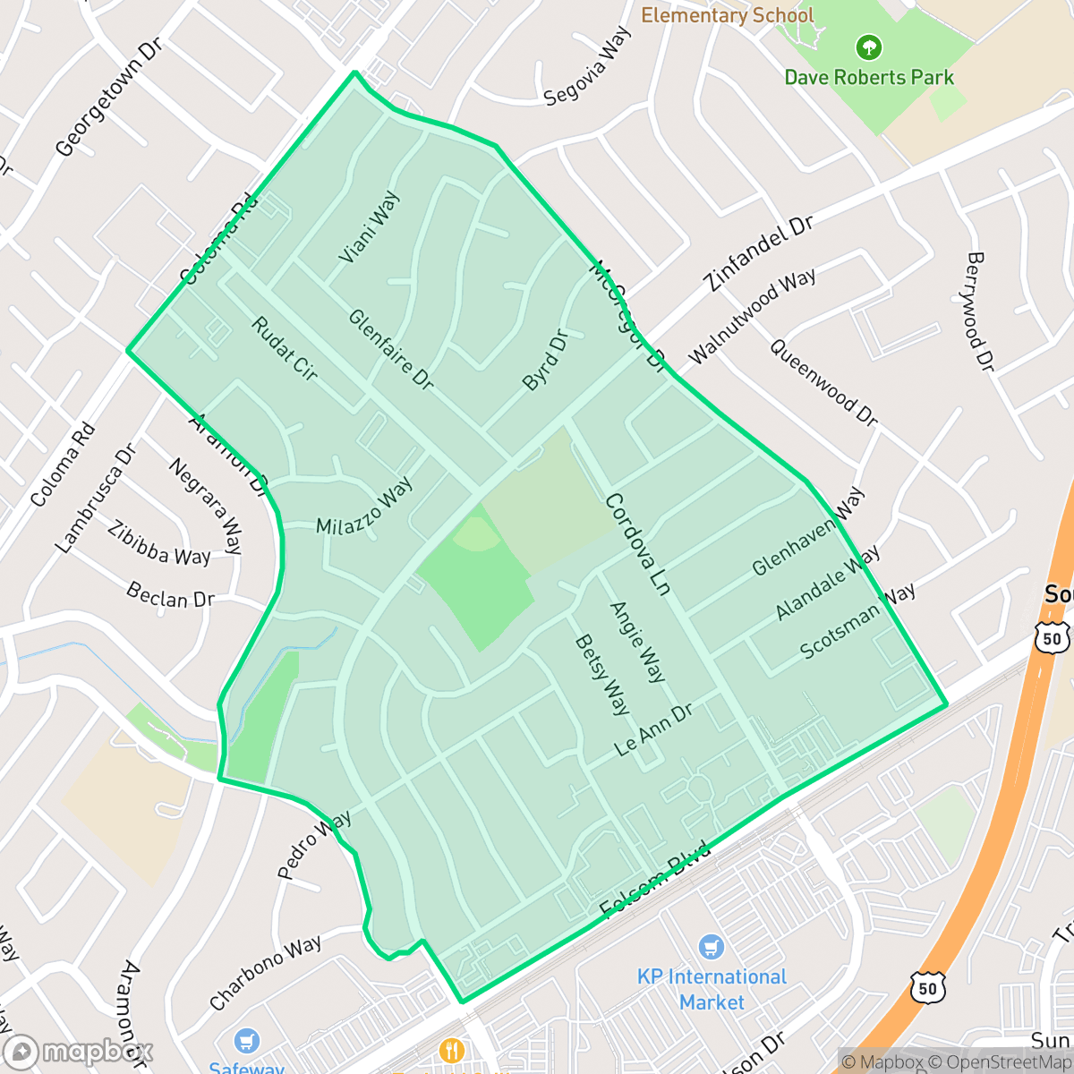 Map showing the location of Cordova Lane, Rancho Cordova, CA