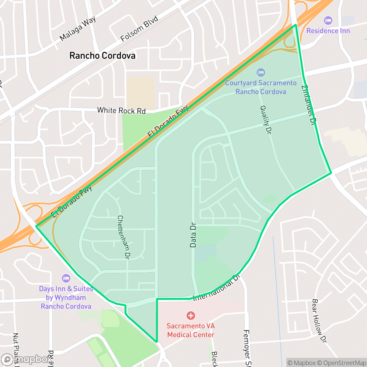 Map showing the location of South White Rock, Rancho Cordova, CA