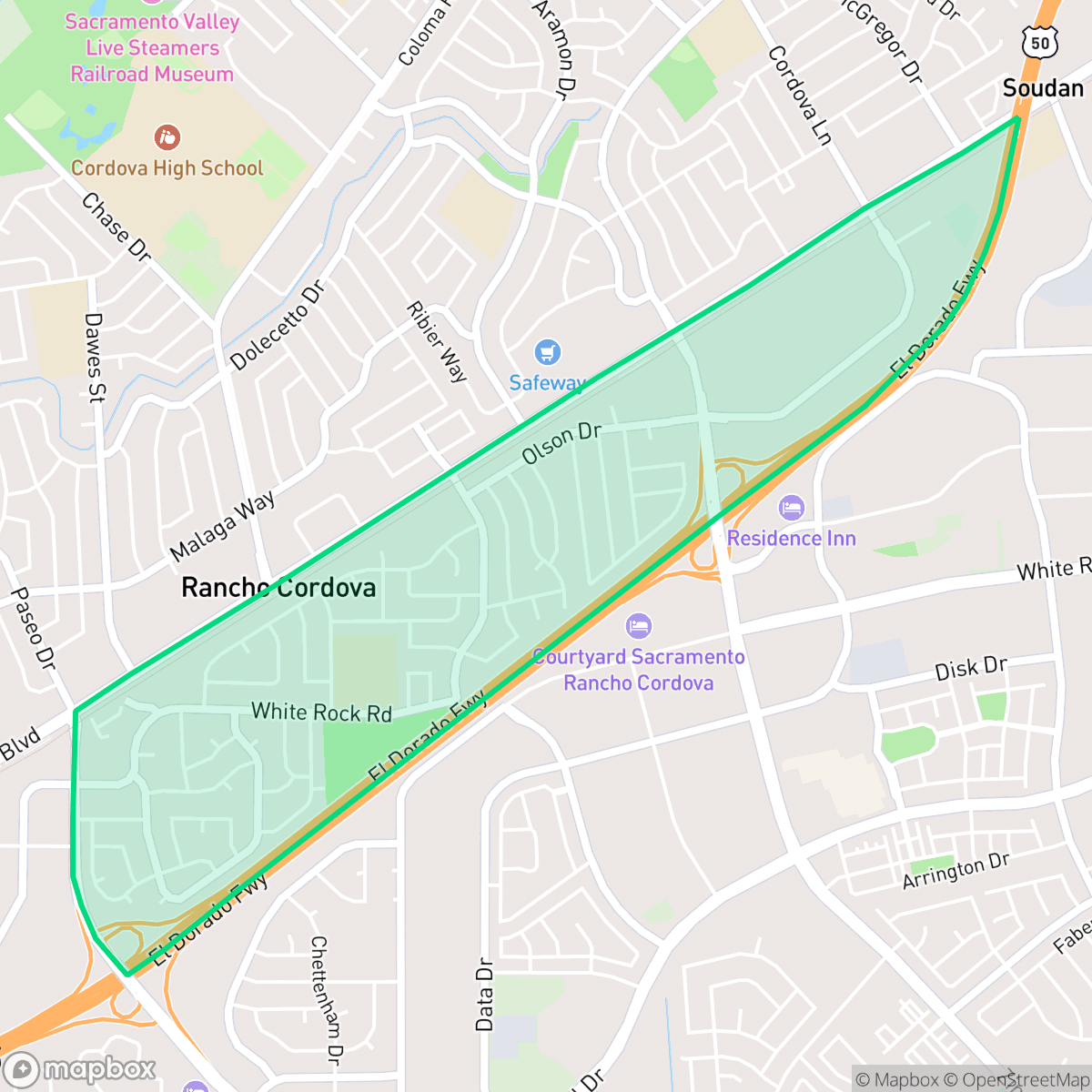 Map showing the location of White Rock, Rancho Cordova, CA