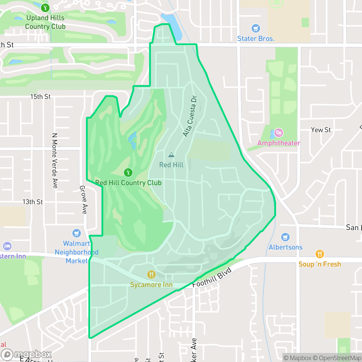 Map showing the location of Red Hill, Rancho Cucamonga, CA