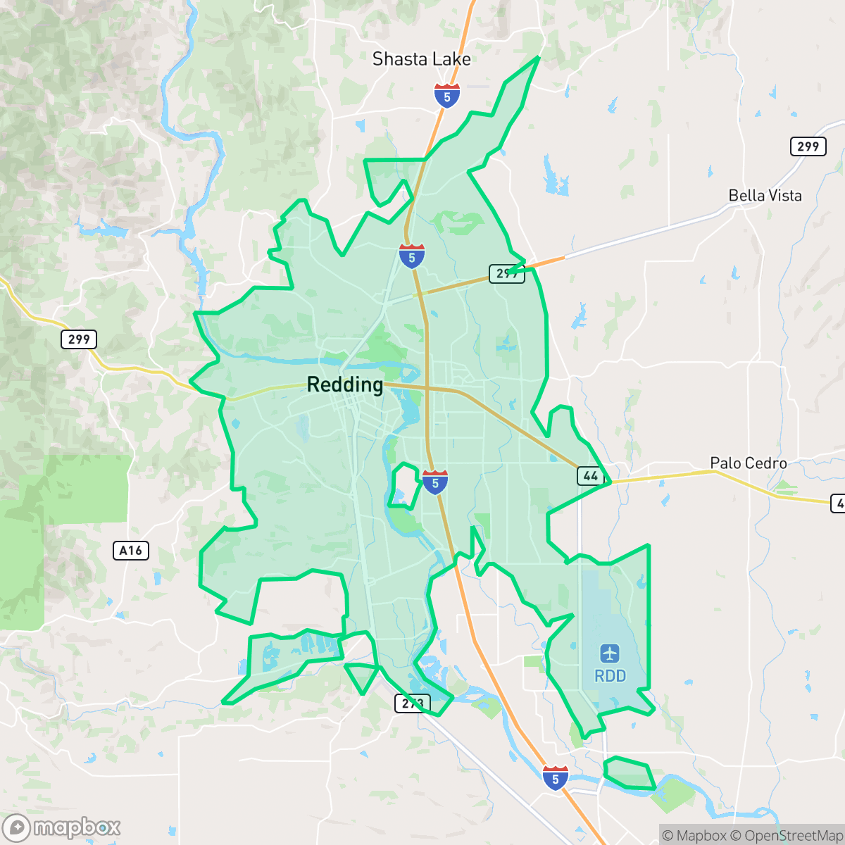 Map showing the location of Redding, CA — coverage area