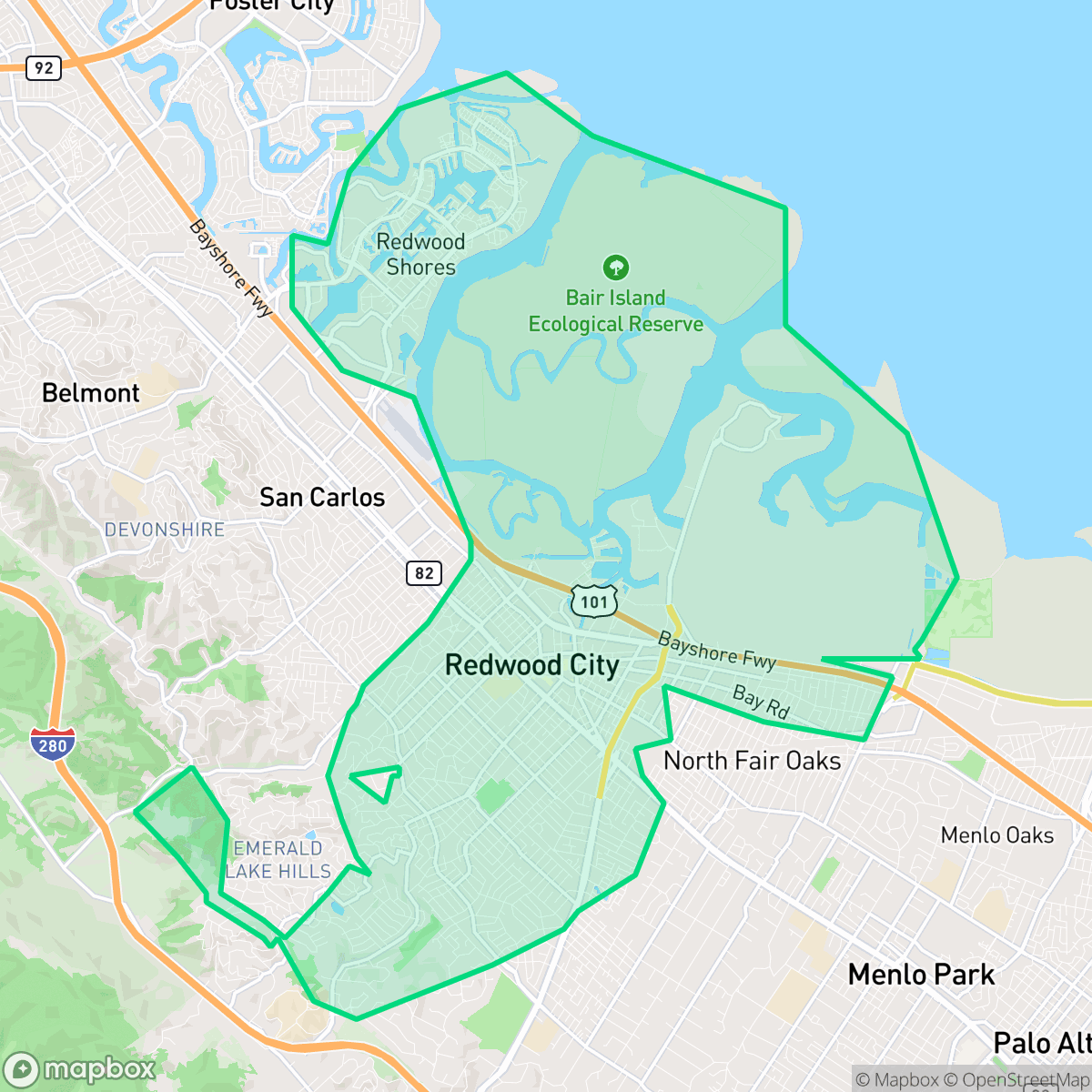 Map showing the location of Redwood City, CA — coverage area
