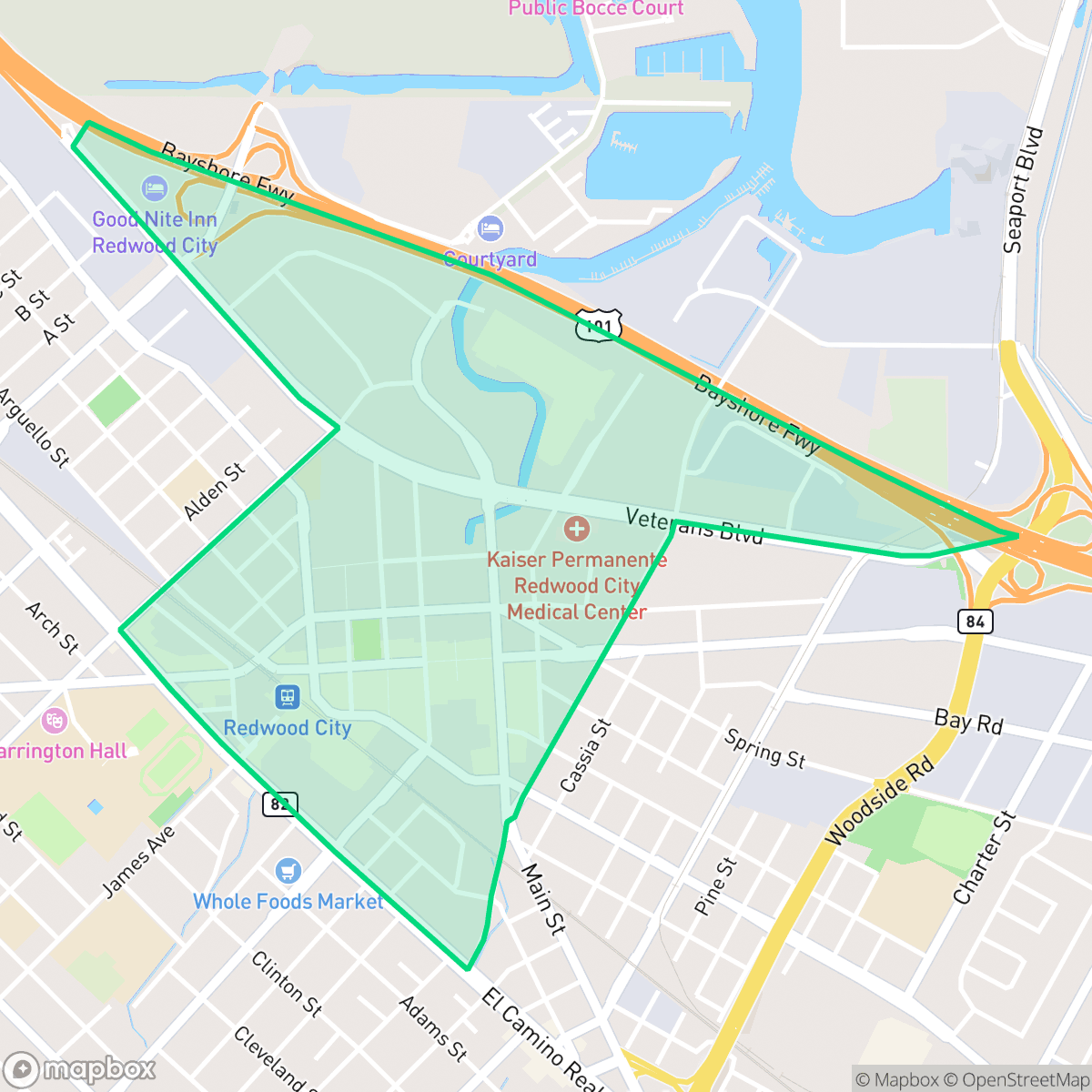 Map showing the location of Downtown, Redwood City, CA