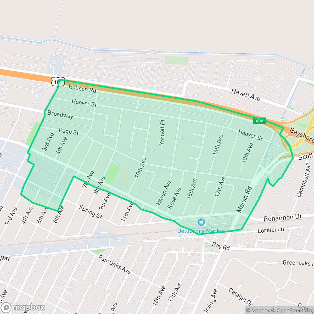 Map showing the location of Friendly Acres, Redwood City, CA