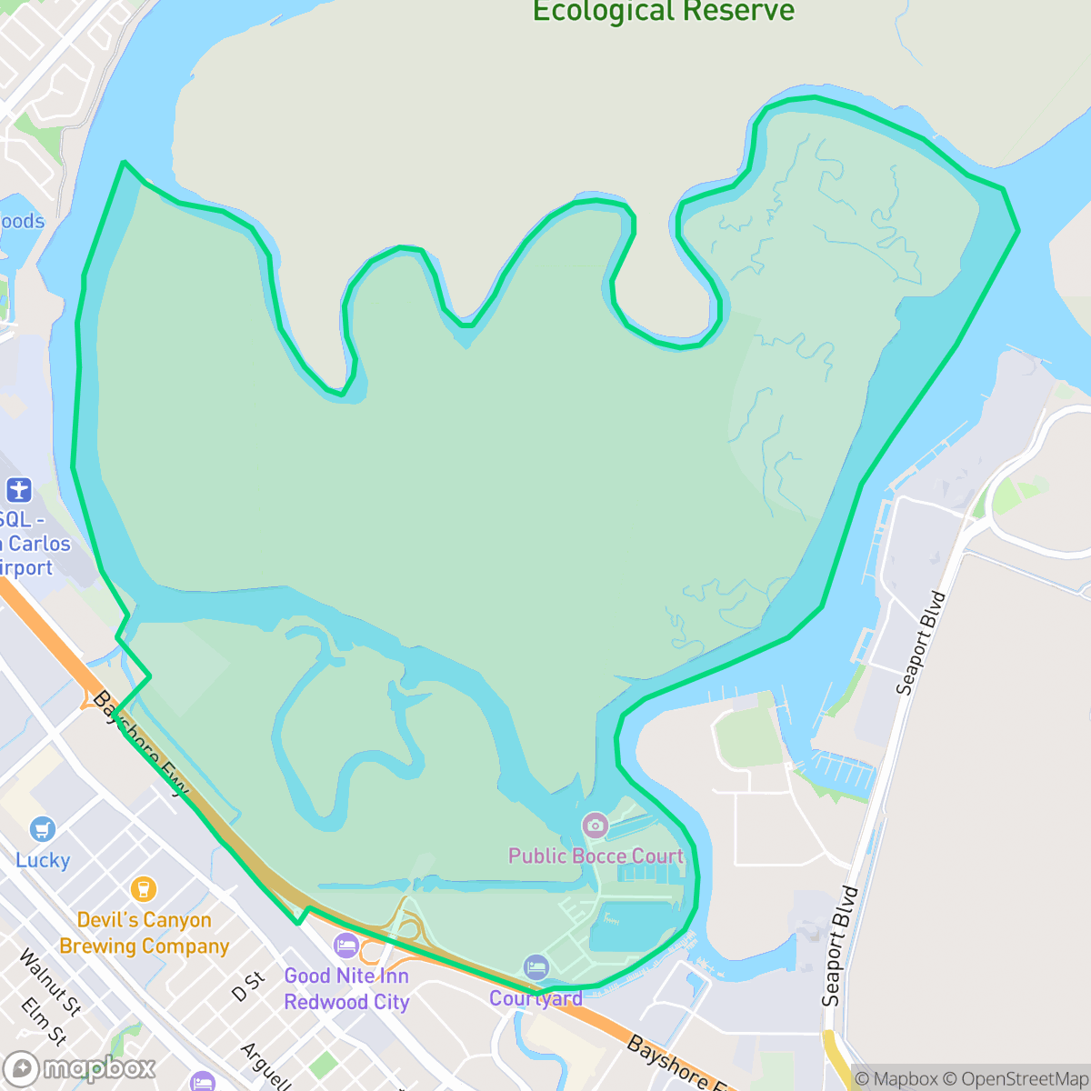 Map showing the location of Marina Park, Redwood City, CA