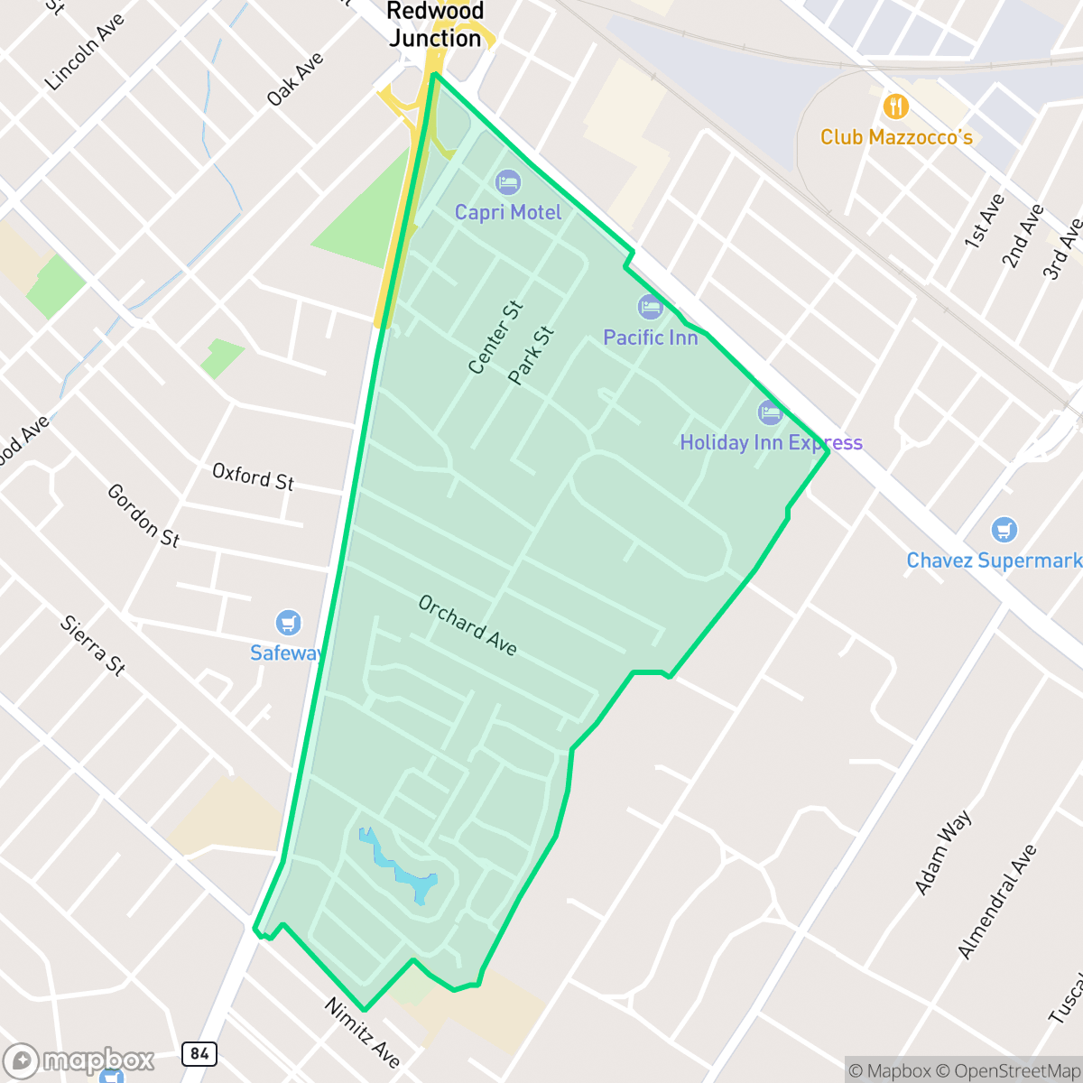 Map showing the location of Oakwood, Redwood City, CA