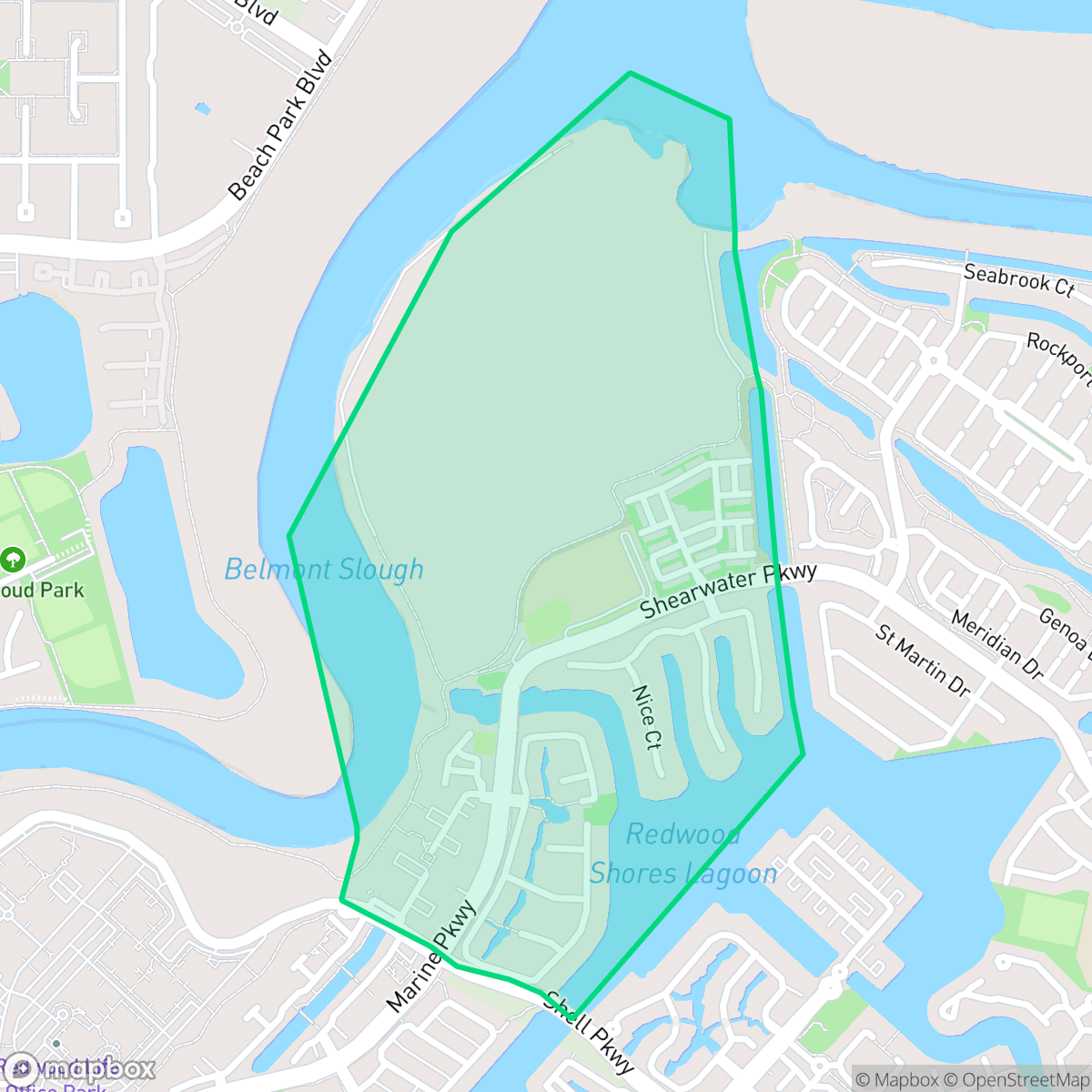 Map showing the location of Shearwater, Redwood City, CA