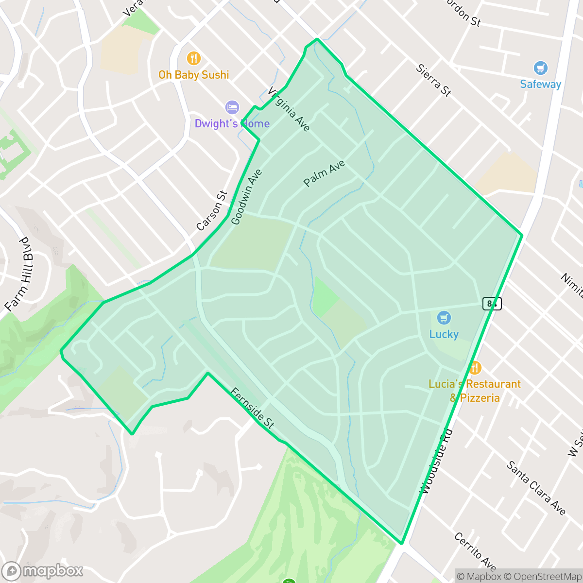 Map showing the location of Woodside Plaza, Redwood City, CA