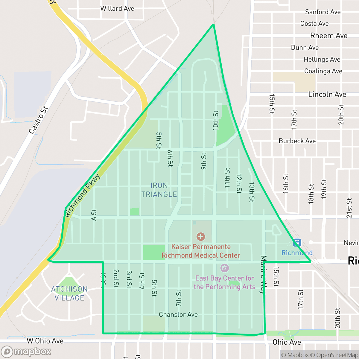 Map showing the location of Iron Triangle, Richmond, CA