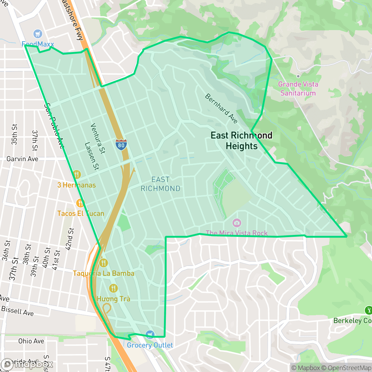 Map showing the location of Richmond Heights/East Richmond, Richmond, CA