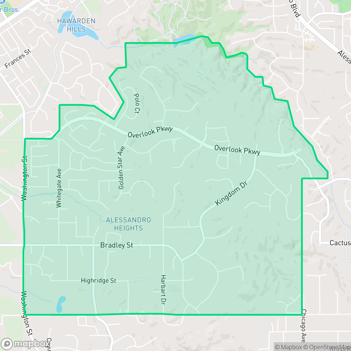 Map showing the location of Alessandro Heights, Riverside, CA