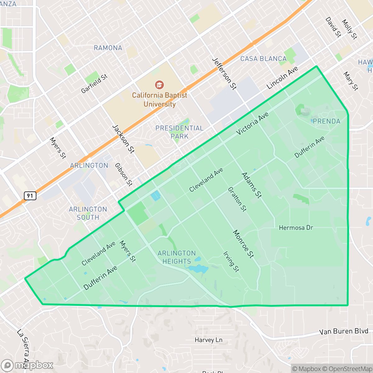 Map showing the location of Arlington Heights, Riverside, CA